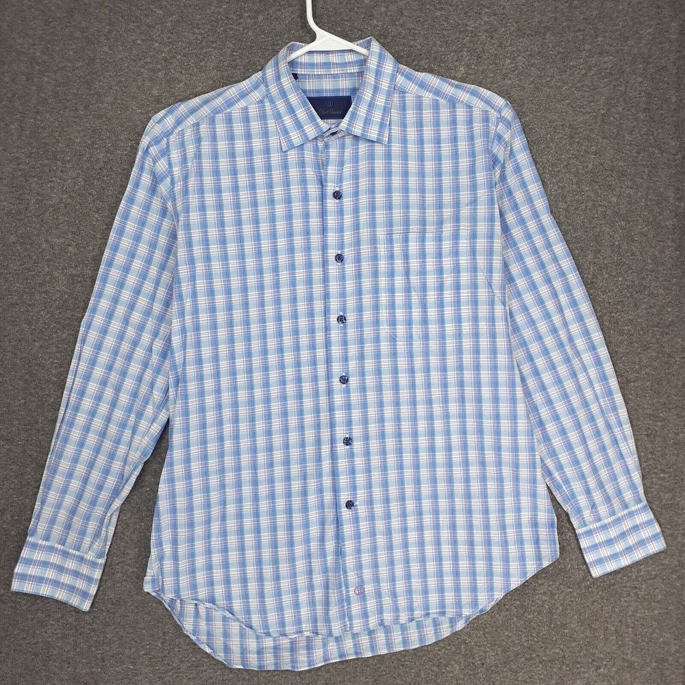 David Donahue Button up Shirt Mens Large Blue Plaid Long Sleeve Cotton preppy‎